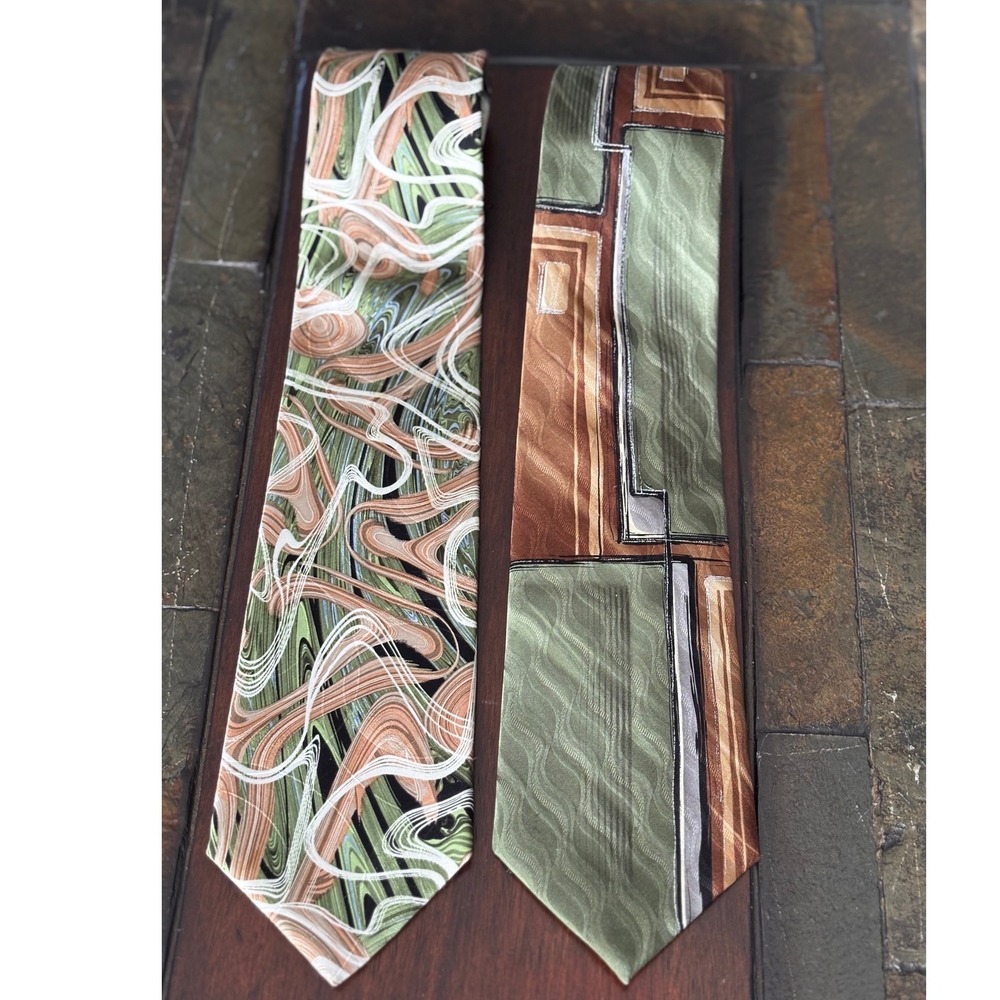 Lot of 2 Arrow USA 1851 Men's Necktie Green Brown Swirl Abstract Business Casual